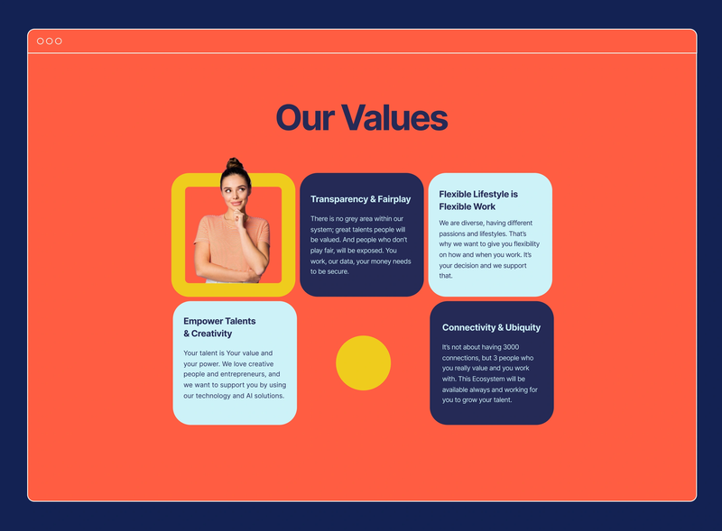 Talent Block Landing Page Mockup - Values Section