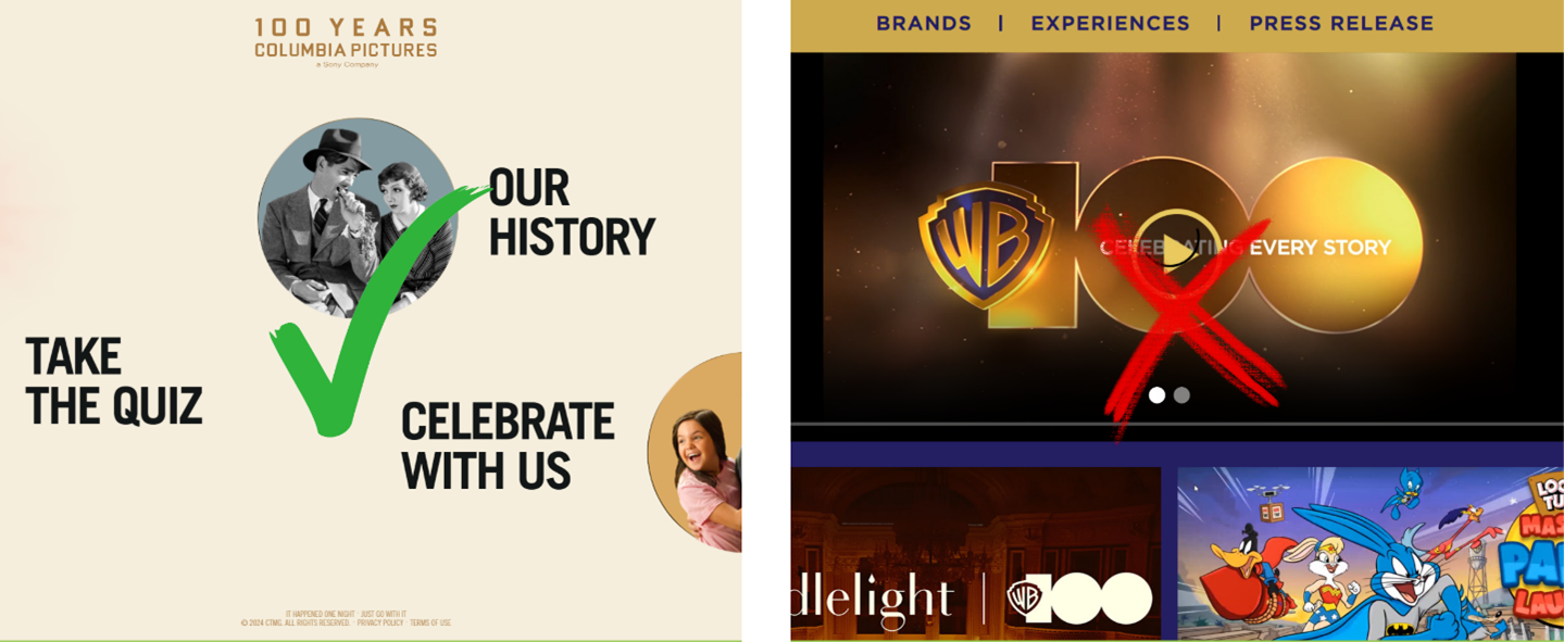 Columbia Pictures 100th anniversary site vs. WarnerBros100th anniversary site