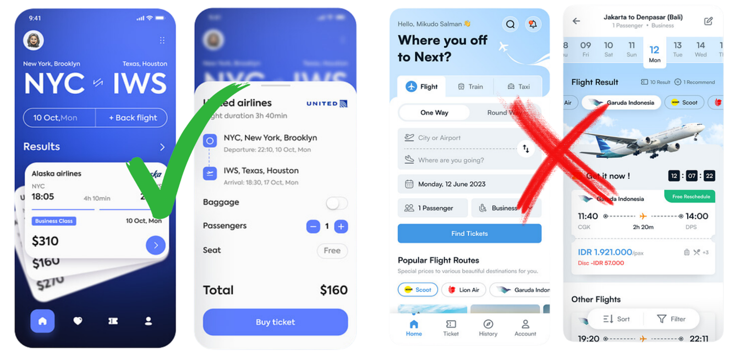 Flight Booking App by Purrweb UI/UX Agency vs. Iber App by Andika Tata for Caraka